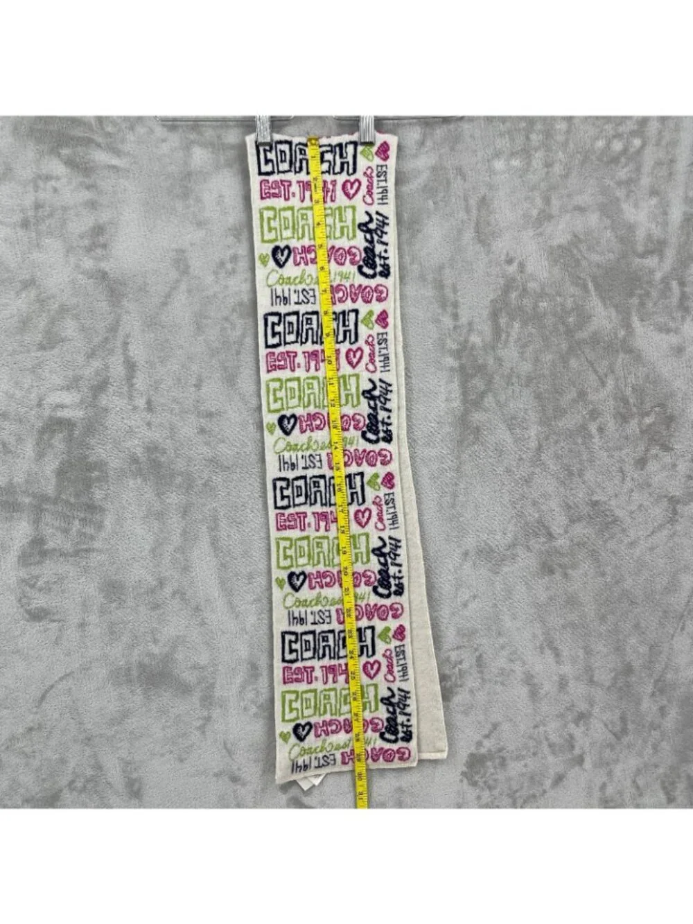 Coach Poppy Heart Graffiti Multicolor Spellout Logo Scarf Knit Wool Blend Cream